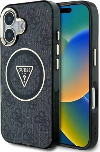 Mbështjellës Guess IML Metal Glitter 4G Circle Triangle MagSafe për iPhone 16, i zi