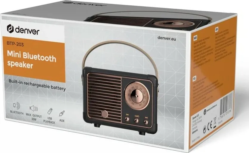 Altoparlant Bluetooth Denver BTP-203, mini, retro, i zi - 1