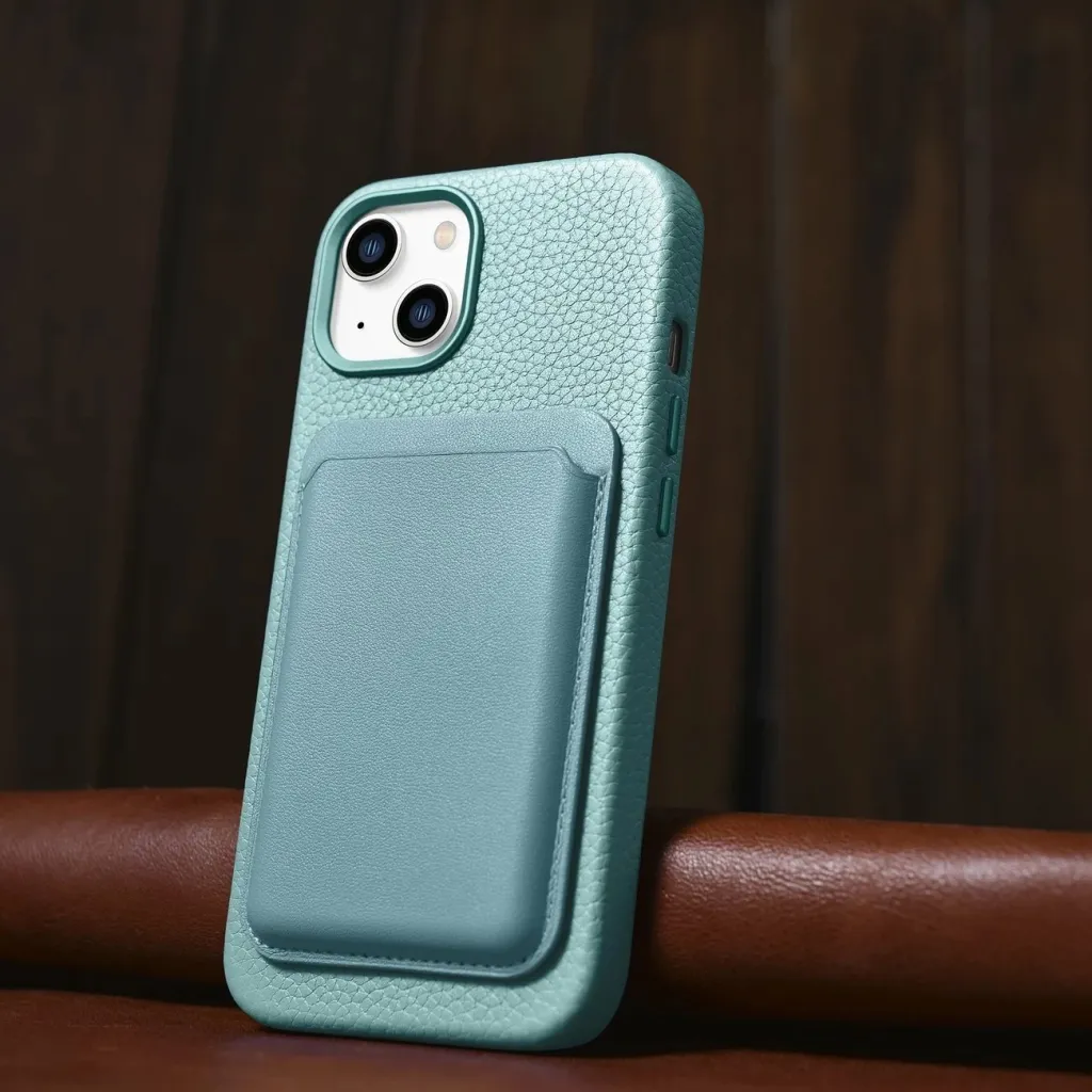 Mbështjellës iCarer Litchi Premium për iPhone 14 Plus me MagSafe, Lëkurë, Gjelbër - 11