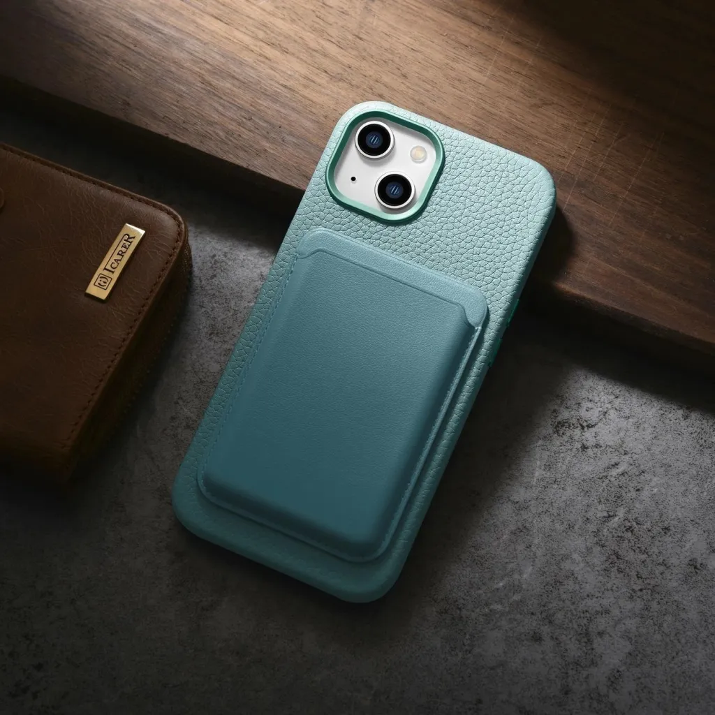 Mbështjellës iCarer Litchi Premium për iPhone 14 Plus me MagSafe, Lëkurë, Gjelbër - 14