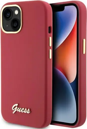 Mbështjellës Guess Silicone Script Metal Logo & Frame për iPhone 15, Kuq