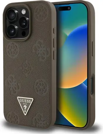 Mbështjellës Guess Grained Hot Stamp Peony Triangle Logo MagSafe për iPhone 16 Pro, Kafe