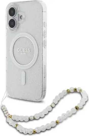 Mbështjellës Guess IML Glitter me rrip perlash MagSafe për iPhone 16 Plus, Transparent
