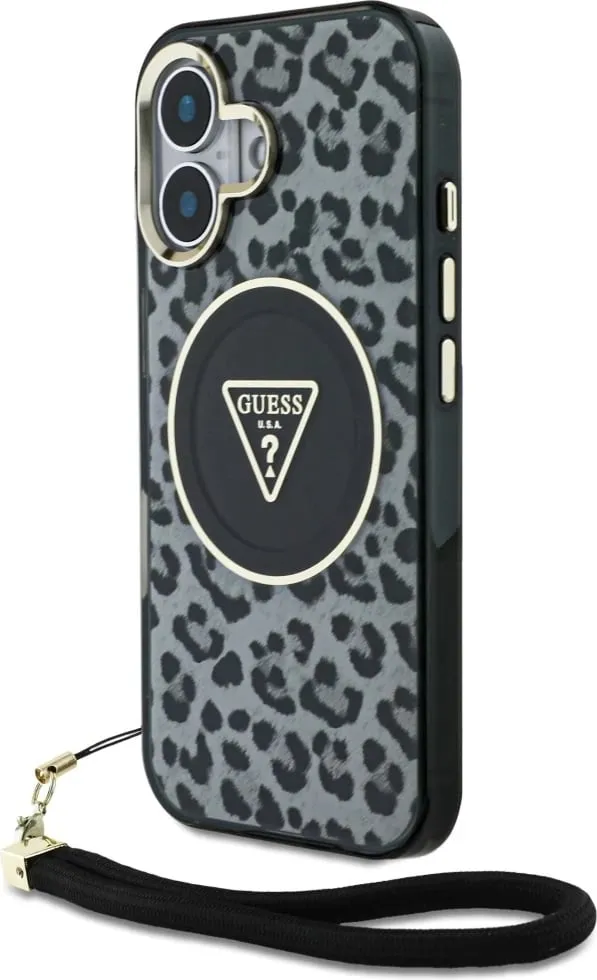 Mbështjellës Guess HC IML Leopard Triangle Cord Strap për iPhone 16, MagSafe, i zi - 1