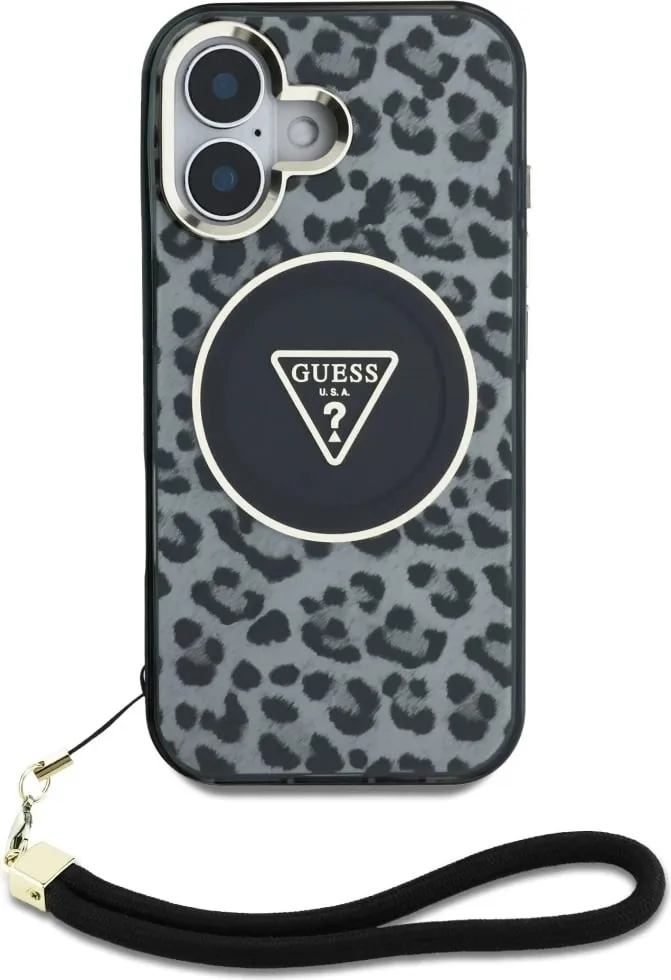 Mbështjellës Guess HC IML Leopard Triangle Cord Strap për iPhone 16, MagSafe, i zi - 2