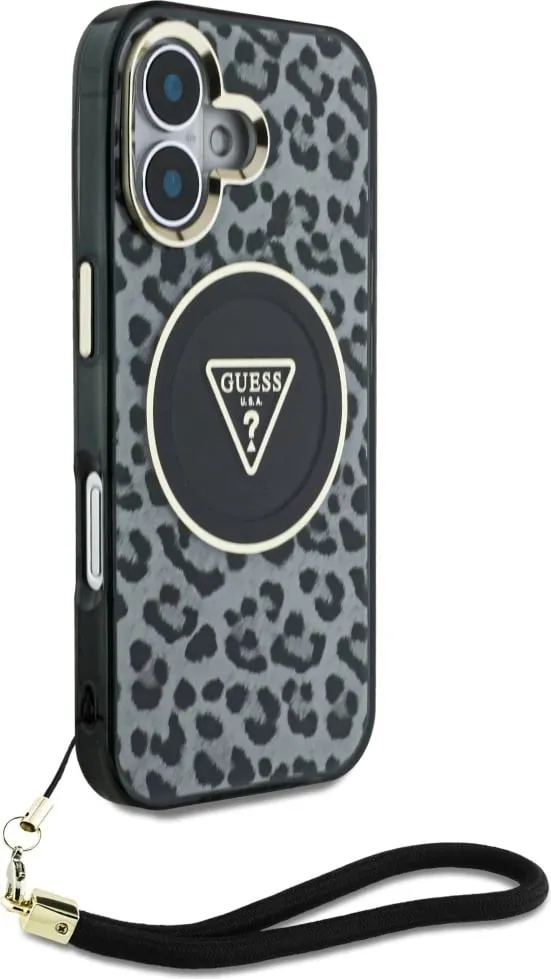 Mbështjellës Guess HC IML Leopard Triangle Cord Strap për iPhone 16, MagSafe, i zi - 3