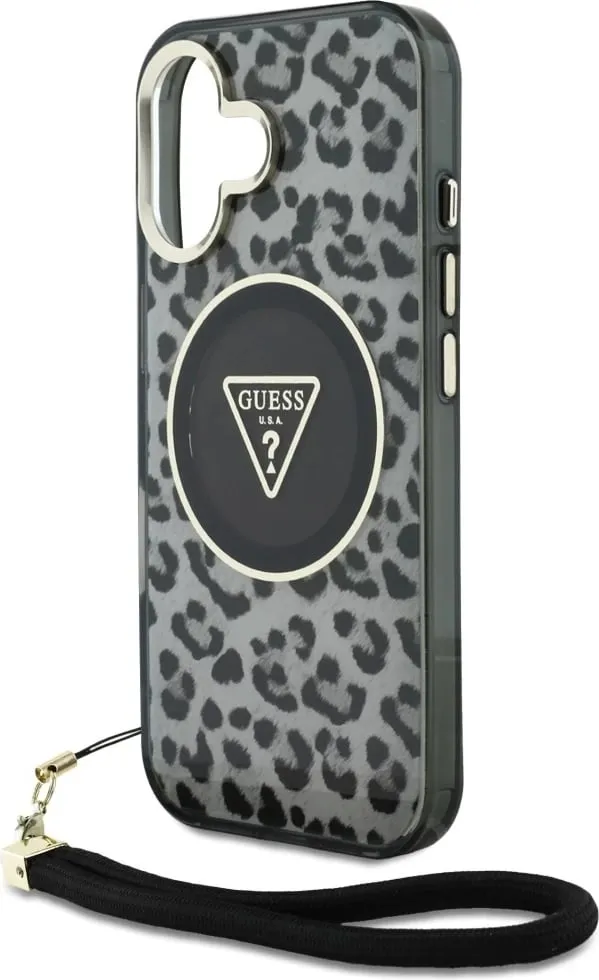 Mbështjellës Guess HC IML Leopard Triangle Cord Strap për iPhone 16, MagSafe, i zi - 5