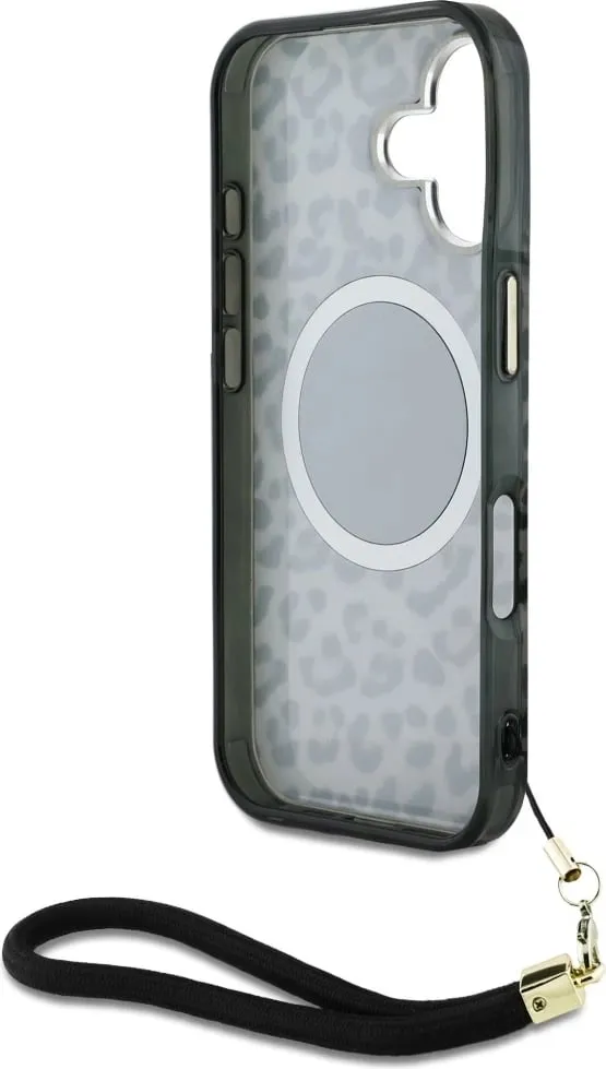 Mbështjellës Guess HC IML Leopard Triangle Cord Strap për iPhone 16, MagSafe, i zi - 6