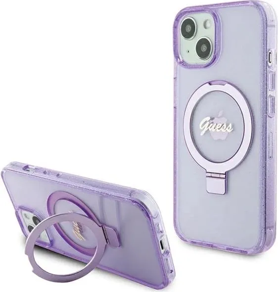 Mbështjellës Guess Ring Stand Script Glitter MagSafe për iPhone 15 Plus / 14 Plus, vjollcë - 1