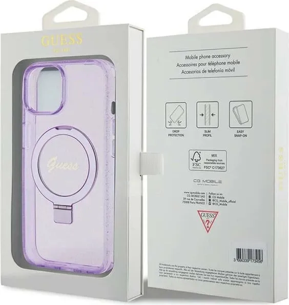Mbështjellës Guess Ring Stand Script Glitter MagSafe për iPhone 15 Plus / 14 Plus, vjollcë - 2
