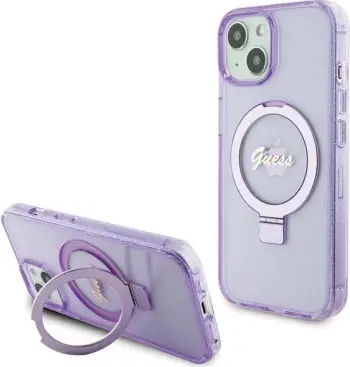 Mbështjellës Guess Ring Stand Script Glitter MagSafe për iPhone 15 Plus / 14 Plus, vjollcë