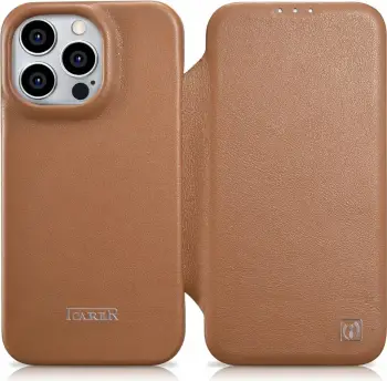 Mbështjellës iCarer CE Premium lëkurë për iPhone 14 Pro, MagSafe, kafe