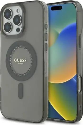 Mbështjellës Guess IML Rhinestones MagSafe për iPhone 16 Pro Max, Zi