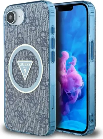 Mbështjellës Guess IML Metal Glitter 4G Circle Triangle MagSafe për iPhone 16e, Blu