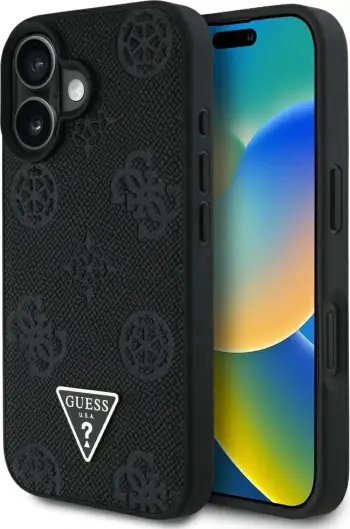 Mbështjellës Guess Grained Hot Stamp Peony Triangle Logo MagSafe për iPhone 16, i zi