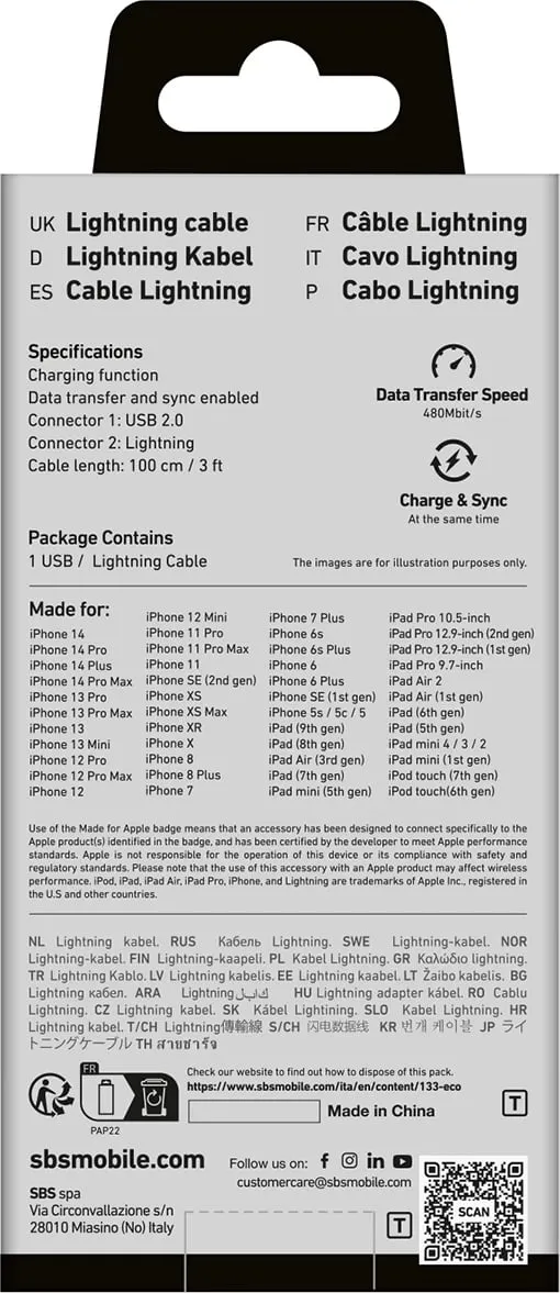Kabllo USB-A në Lightning SBS TECABLEUSBIP589K, 1m, e zezë - 3