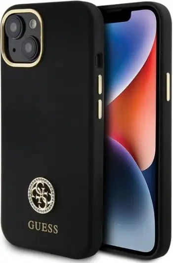 Mbështjellës Guess Silicone Logo Strass 4G për iPhone 15, i zi