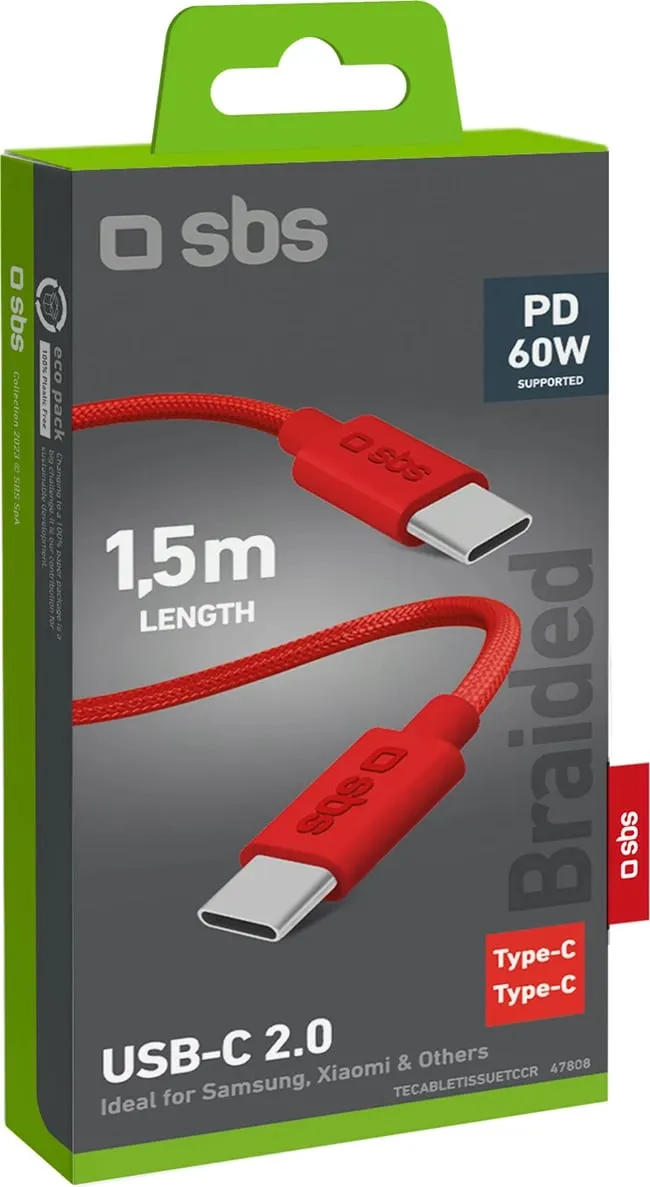 Kabllo USB-C në USB-C SBS TECABLETISSUETCCR, 1.5m, 60W, e kuqe - 2