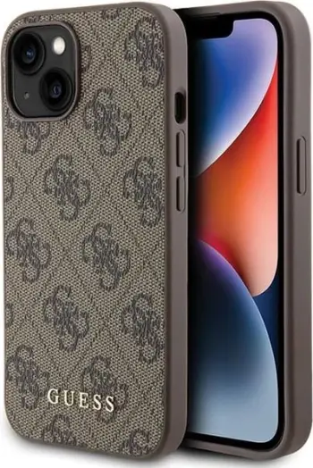 Mbështjellës Guess 4G Metal Gold Logo për iPhone 15, Kafe