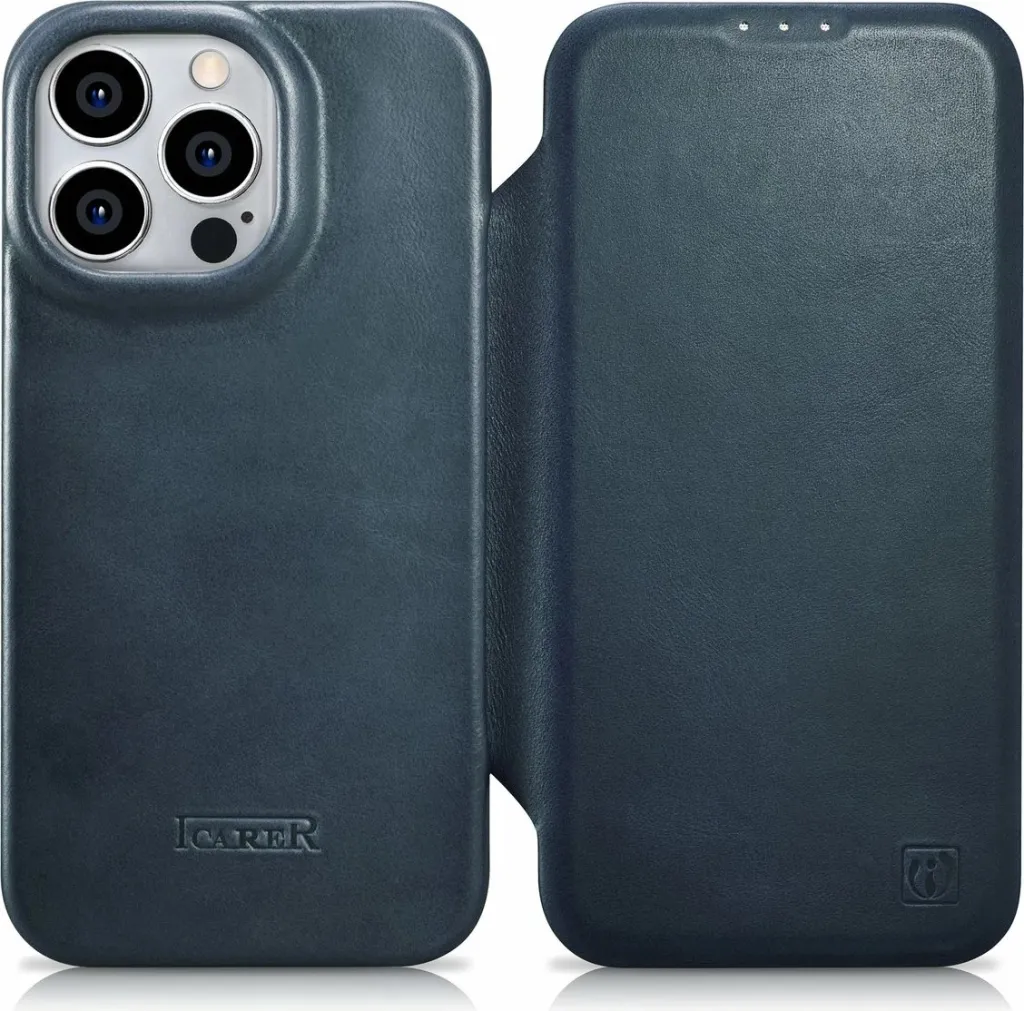 Mbështjellës iCarer Oil Wax Premium Leather Folio për iPhone 14 Pro Max, MagSafe, Kaltër - 1