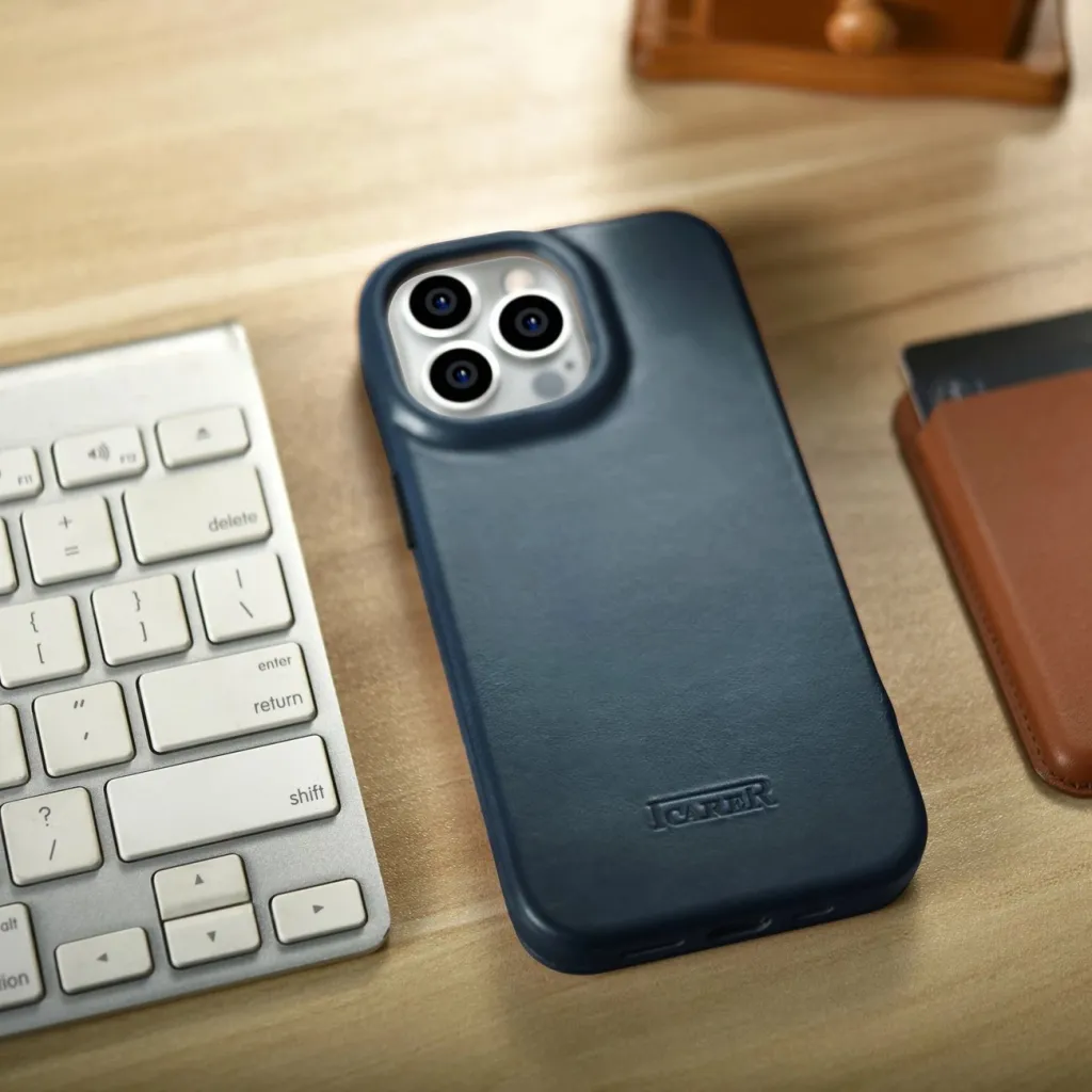 Mbështjellës iCarer Oil Wax Premium Leather Folio për iPhone 14 Pro Max, MagSafe, Kaltër - 25