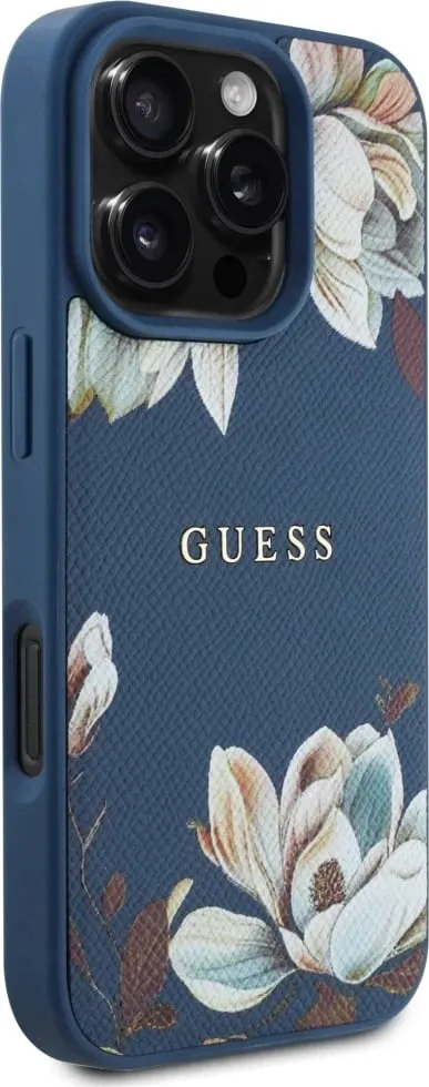 Mbështjellës Guess Grained Printed Flower Pattern MagSafe për iPhone 16 Pro, Blu - 3