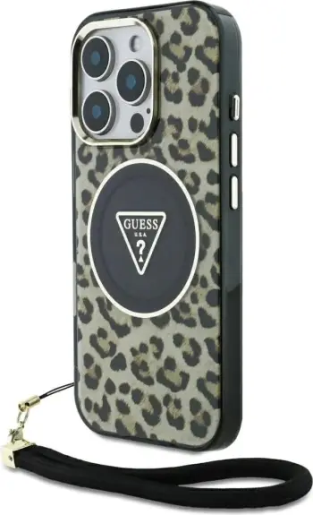 Mbështjellës Guess HC IML Leopard Triangle Cord Strap për iPhone 16 Pro Max, MagSafe, Kafe