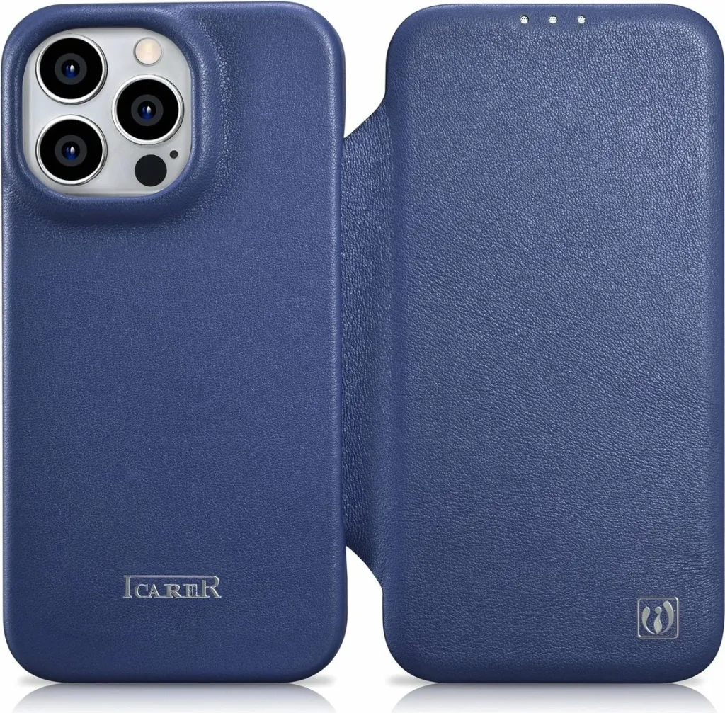 Mbështjellës iCarer CE Premium lëkurë folio për iPhone 14 Pro, MagSafe, Blu - 1