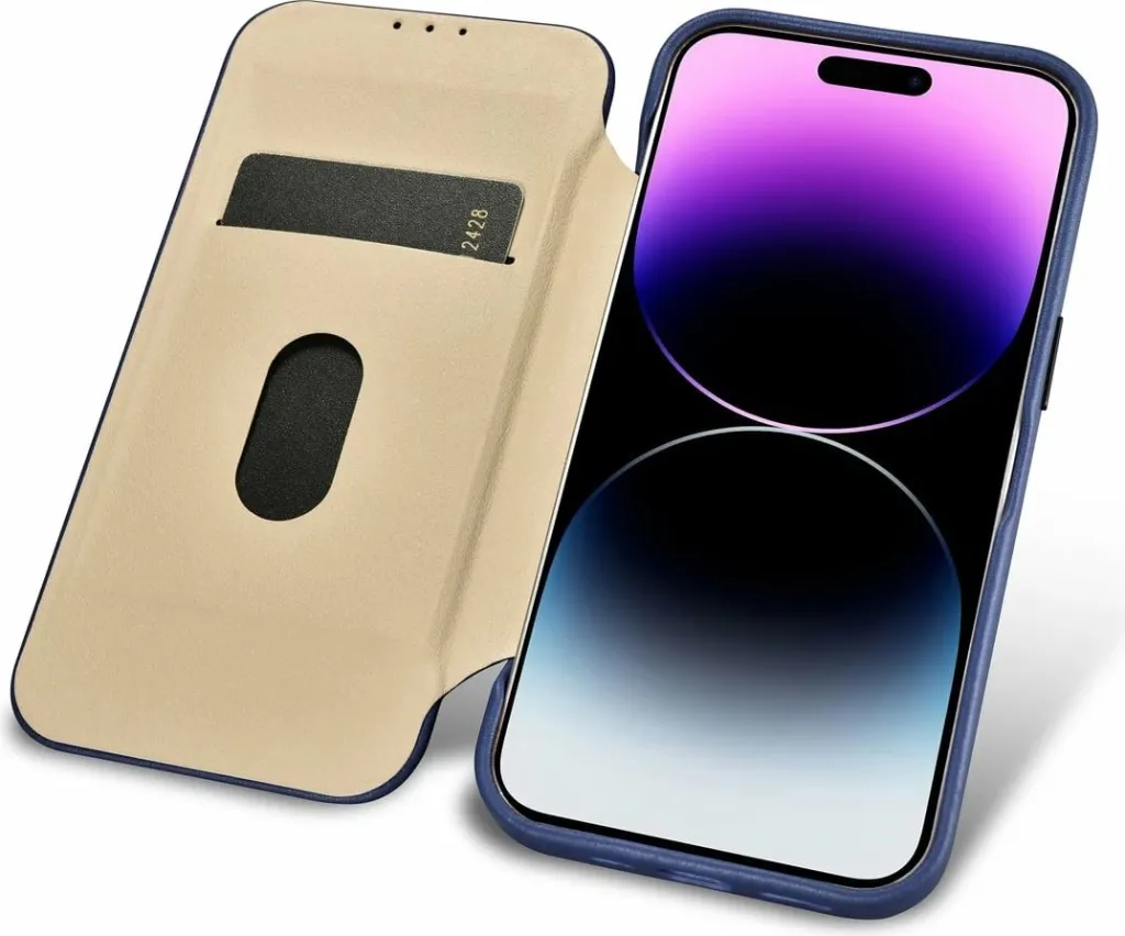 Mbështjellës iCarer CE Premium lëkurë folio për iPhone 14 Pro, MagSafe, Blu - 15