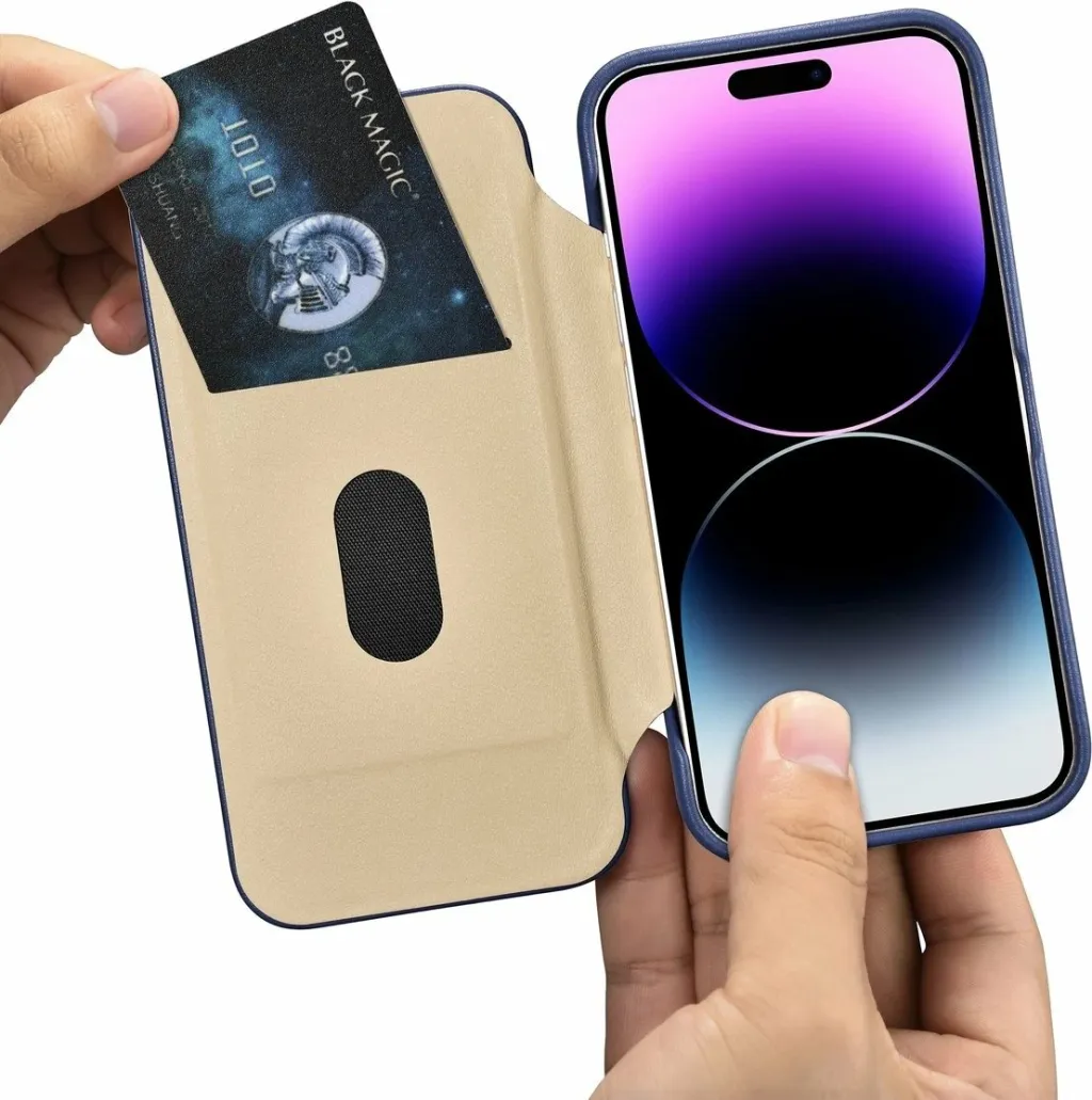 Mbështjellës iCarer CE Premium lëkurë folio për iPhone 14 Pro, MagSafe, Blu - 17