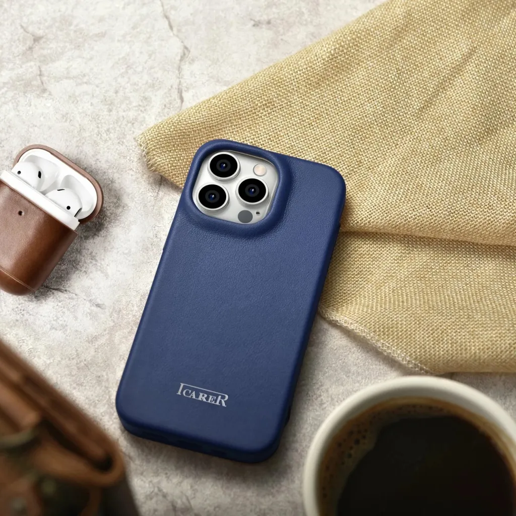 Mbështjellës iCarer CE Premium lëkurë folio për iPhone 14 Pro, MagSafe, Blu - 21