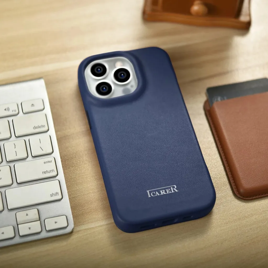Mbështjellës iCarer CE Premium lëkurë folio për iPhone 14 Pro, MagSafe, Blu - 23