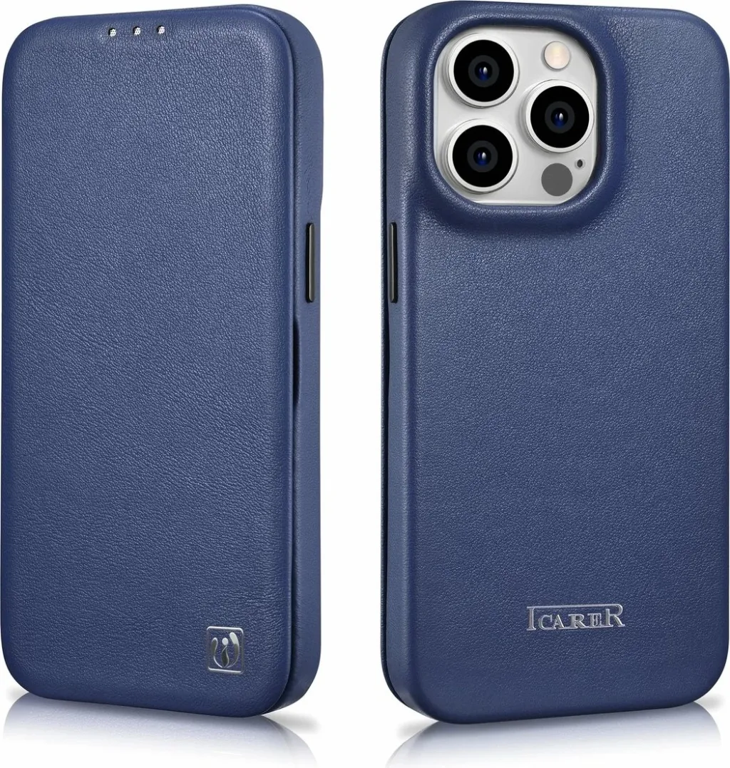 Mbështjellës iCarer CE Premium lëkurë folio për iPhone 14 Pro, MagSafe, Blu - 26