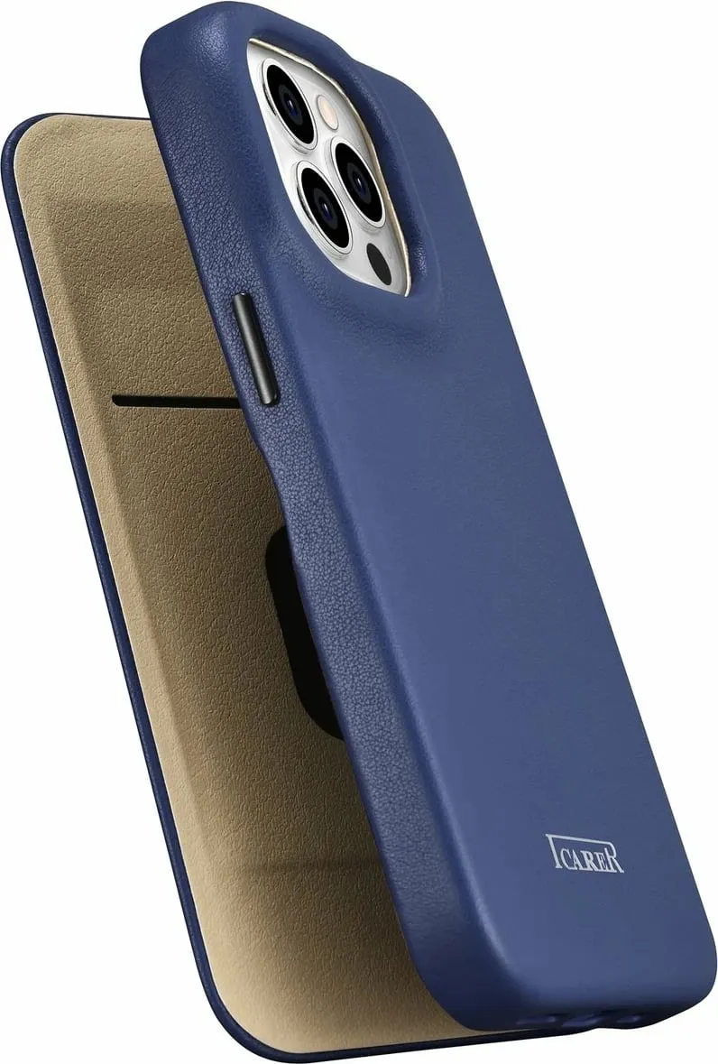 Mbështjellës iCarer CE Premium lëkurë folio për iPhone 14 Pro, MagSafe, Blu - 10
