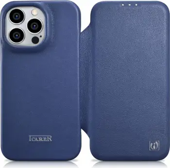 Mbështjellës iCarer CE Premium lëkurë folio për iPhone 14 Pro, MagSafe, Blu