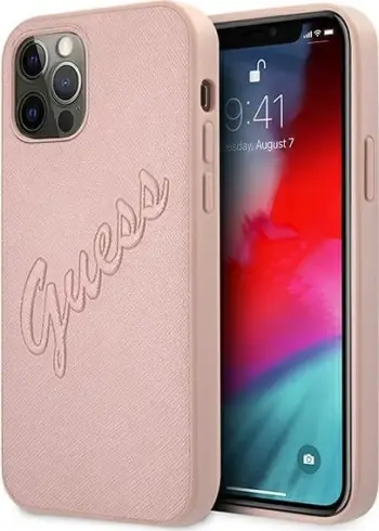 Mbështjellës Guess GUHCP12LRSAVSRG për iPhone 12 Pro Max 6.7", Saffiano Vintage Script, rozë