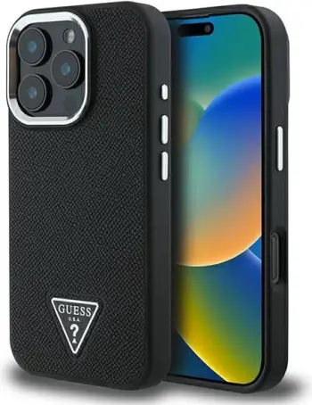 Mbështjellës Guess Grained Triangle MagSafe për iPhone 16 Pro, zi