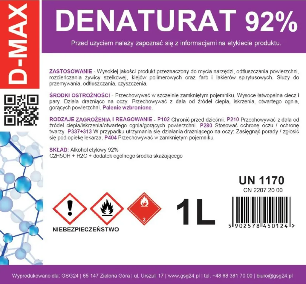 Alkool i denatyruar GSG24 D-MAX 1L, 92% - 2