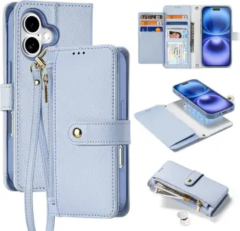 Mbështjellës Dux Ducis Lawa për iPhone 16, me portofol magnetik të ndashëm, lëkurë, kaltër