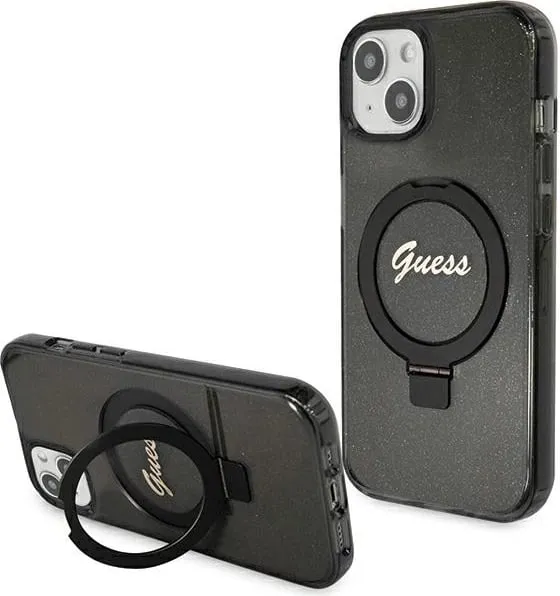 Mbështjellës Guess Ring Stand Script Glitter MagSafe për iPhone 15, i zi - 1