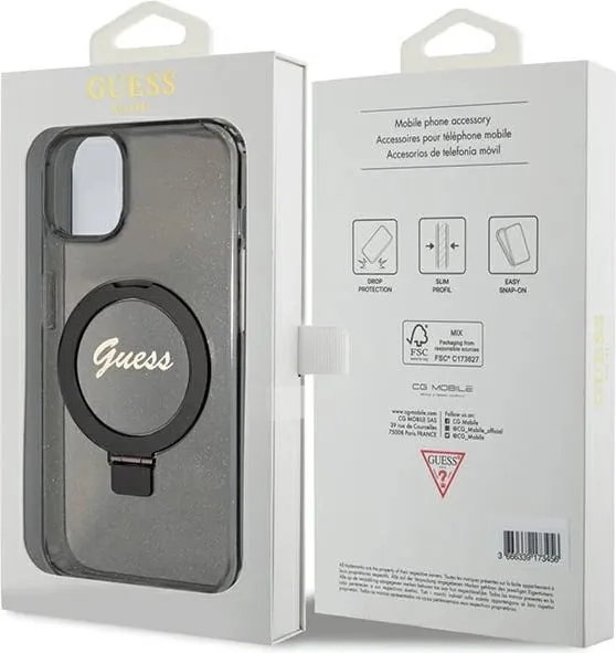Mbështjellës Guess Ring Stand Script Glitter MagSafe për iPhone 15, i zi - 3