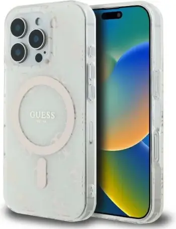 Mbështjellës Guess IML 4G Background MagSafe për iPhone 16 Pro, Bardhë