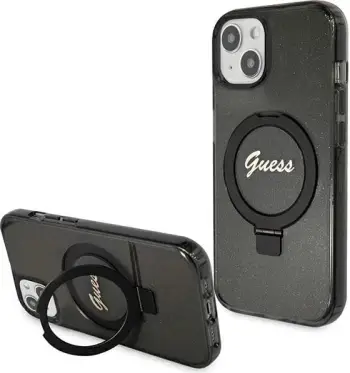 Mbështjellës Guess Ring Stand Script Glitter MagSafe për iPhone 15 Plus / 14 Plus, i zi