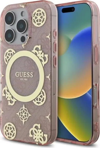 Mbështjellës Guess IML Peony On 4G Background MagSafe për iPhone 16 Pro, Rozë - 1
