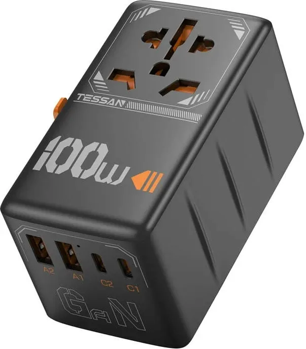 Adapter udhëtimi Tessan TS-WTA04, universal, 100W, 4x USB, i zi - 1
