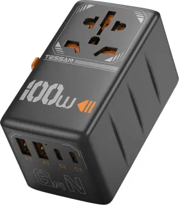 Adapter udhëtimi Tessan TS-WTA04, universal, 100W, 4x USB, i zi