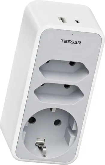 Prizë muri Tessan TS-330-C me 5 dalje, USB-A, AC, mbrojtje nga mbingarkesa, e bardhë