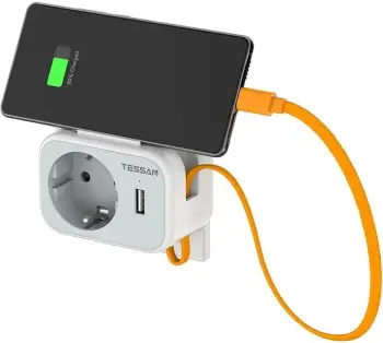 Prizë murale Tessan TS-332-DE me 1x AC, 1x USB-A, kabllo USB-C 15cm, e bardhë