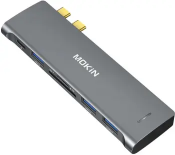 HUB MOKiN 6-në-2 për MacBook, 3xUSB-A, 1xUSB-C, 1xSD/MicroSD, argjendtë