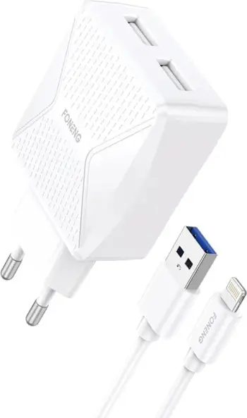 Karikues GaN Foneng EU50, 35W, 2x USB-C, me kabllo USB-C në Lightning, Bardhë